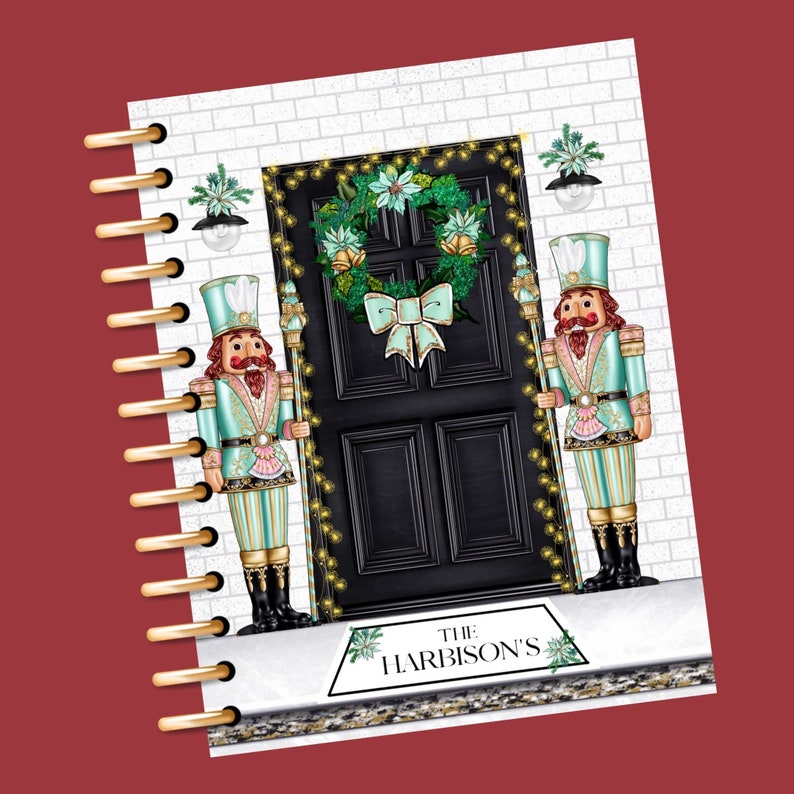 May include: A black door with a teal and gold Christmas wreath and two teal and gold nutcracker figurines standing on either side. The door has a black doormat with the text "The Harbison's" in white.