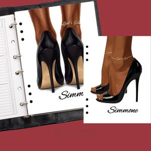 May include: A planner insert featuring an illustration of dark-skinned feet wearing black high-heeled pumps and gold anklets with the text God's Girl and the name Simmone in black script. The page has punched holes for a binder ring mechanism.