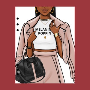 May include: A woman wearing a pink leather jacket, a white crop top with the text "MELANIN POPPIN", and pink pants. She is holding a black handbag with a white stripe and wearing a gold watch and necklace.