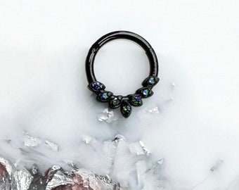 Titanium Black or Rosegold Aurora Borealis Fanned Crystal Leaves Septum / Daith Clicker. 16G. 8mm or 19mm.