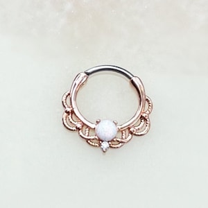 Rose Gold White Opal Opal Clicker for Septum and Daith piercings. 16G. 10mm.