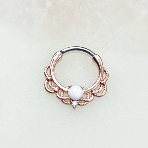 Rose Gold White Opal Opal Clicker for Septum and Daith piercings. 16G. 10mm.