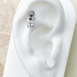 Silver Butterfly Dainty Dangle Crystal Butterfly Labret for Flat, Tragus, Helix, and Cartilage piercings. 16G. 6mm.