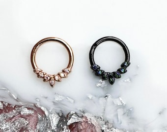 Titanium Black or Rosegold Aurora Borealis Fanned Crystal Leaves Septum / Daith Clicker. 16G. 8mm or 10mm.