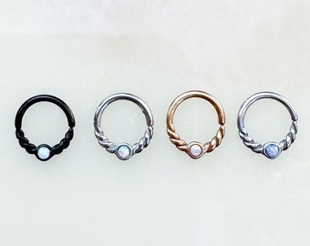 Black, Silver and Gold, or Rosegold Braided Opal hoop for Septum, Daith, and Cartilage. 16G. 8mm.
