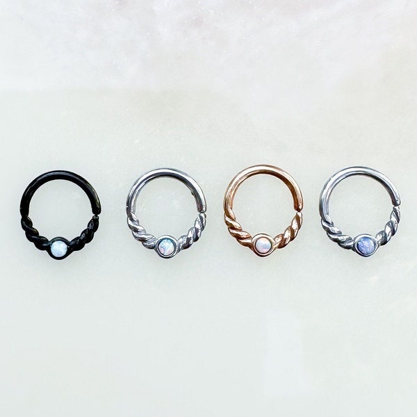 Black, Silver and Gold, or Rosegold Braided Opal hoop for Septum, Daith, and Cartilage. 16G. 8mm.