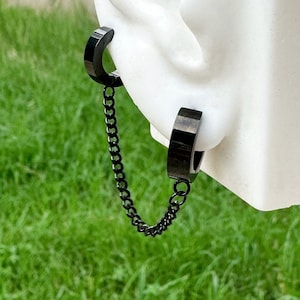 Black Hoop Chain Earrings. Double Hoop Chain.