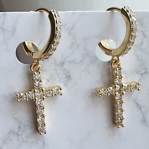 14 Karat Gold Cross Cubic Zirconia Crystal Huggie Hoops.