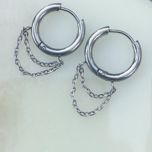 Silver Layered Chain Huggie Hoop Earrings.