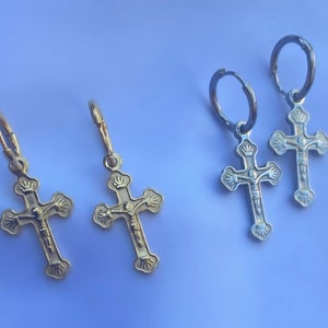 Cross Earrings Huggie Hoops Silver or Gold.