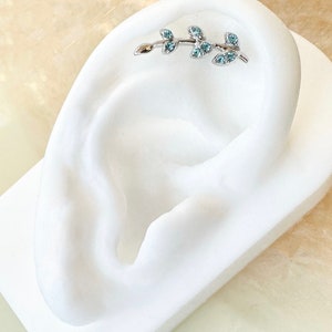 Light Blue Curved Vine Leaf Labret for Cartilage, Conch, and Lobe piercings. 16G. 6mm.