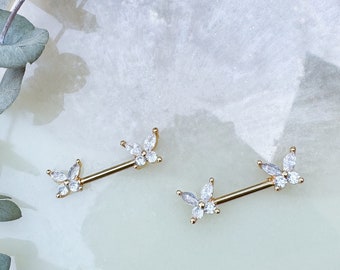 Gold Butterfly Crystal Nipple Barbell. 14Gauge.  14mm(9/16”). Surgical Steel.