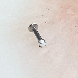 Titanium Threadless White Opal Labret for Medusa, Monroe, Tragus, Helix, Conch, and Flat piercings. 16G. 8mm or 6mm.