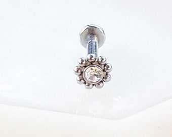 Silver Crystal Mandala Beaded Labret for Medusa, Monroe, Tragus, Flat, Conch, Cartilage, and Lobe piercings. 16G. 5/16” or 1/4”