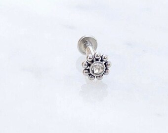 Silver Beaded Crystal Mandala Labret for Medusa, Cartilage, Flat, Tragus, Conch, and Helix piercings. 16G.