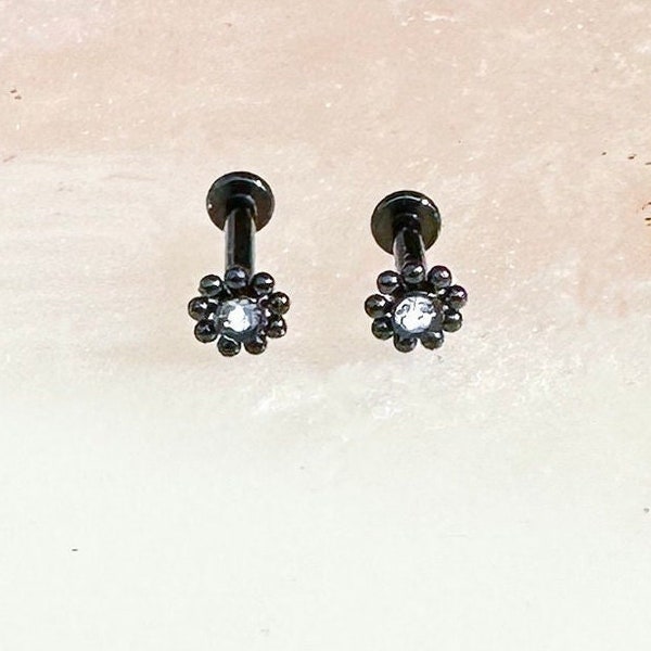 Black Beaded Crystal Mandala Labret for Medusa, Cartilage, Monroe, Ashley, Tragus, Conch, and Flat Piercings. 16G. 8mm or 6mm.