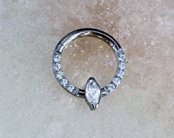 Silver Implant Grade Titanium Teardrop Crystal Clicker for Septum, Daith, Helix, and Cartilage piercings. 16G. 8mm or 10mm.