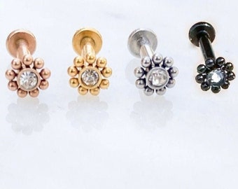 Implant Grade Titanium Crystal Beaded Mandala Labret. Black, Gold, Silver, Rosegold. 16G. For Medusa, Tragus, Cartilage, Monroe, or Conch.