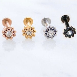 Implant Grade Titanium Crystal Beaded Mandala Labret. Black, Gold, Silver, Rosegold. 16G. For Medusa, Tragus, Cartilage, Monroe, or Conch.
