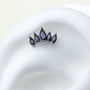 Black Implant Grade Titanium Curved Marquise Crystal Labret. 16G. 6mm or 8mm. For Conch, Cartilage, Flat, Lobe, and Helix piercings.