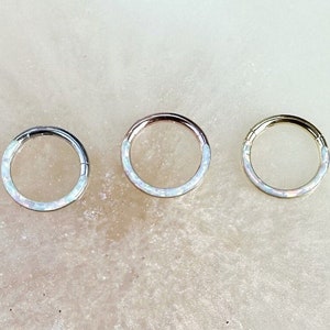 Titanium White Opal Lined Clicker for Septum, Daith, Helix, and Cartilage piercings. Gold, Rosegold, Silver. 16G. 8mm or 10mm.