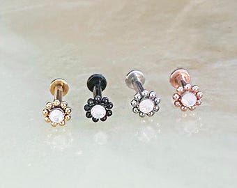 Opal Beaded Mandala Labret for Medusa, Cartilage, Tragus, Philtrum piercings. 16 Gauge. 6mm or 8mm.