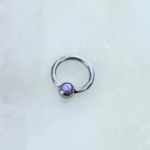 Silver Purple Opal Clicker for Daith, Septum, cartilage. 16/18 Gauge. 8mm or 10mm.