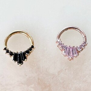 Black and Light Pink Crystal Clicker. Gold and Rosegold. Septum or Daith Clicker. 16G. 8mm or 10mm.