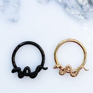 May include: Two snake-shaped hoop earrings, one black and one gold. The snake is curled around the hoop.