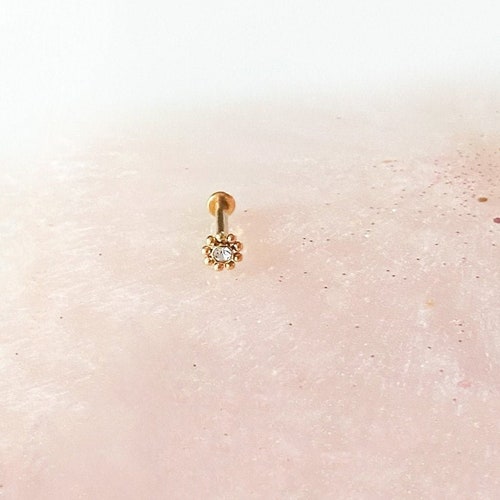 Gold Beaded Mandala Labret for Cartilage, Medusa, Monroe, Tragus, Flat, Helix, Conch, and Monroe piercings. 16G | 1/4” or 5/16”