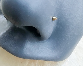 May include: A gold nose piercing with a small, pointed tip. The piercing is shown on a mannequin's nose.