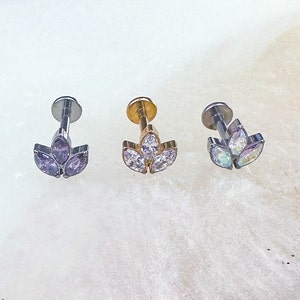 Leaf Vine Marquise Titanium Labret. 16G. 8mm or 6mm. Purple, Black, Gold, or Silver. For Medusa, Tragus, and Cartilage piercings.