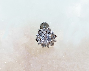 Implant Grade Titanium Silver Crystal Mandala Labret for Medusa, Tragus, Conch, Cartilage, and Lobe piercings. 16G. 6mm or 8mm.