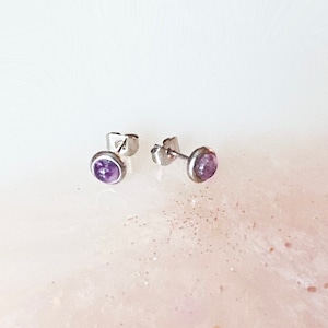 May include: A pair of silver stud earrings with small round amethyst stones.