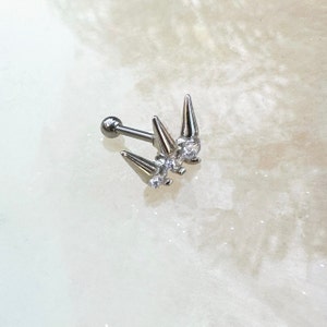 Silver Spike Labret with Crystals. 16G. 1/4” (6mm). For Conch, Tragus, Cartilage, Flat, and Lobe Piercings.