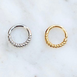 Braided Rope Septum, Daith, Conch, Cartilage Hoop. 16G. Gold or Silver.