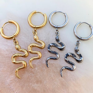 Snake Serpent Huggie Hoop Earrings. Silver or Gold Huggie Hoops.