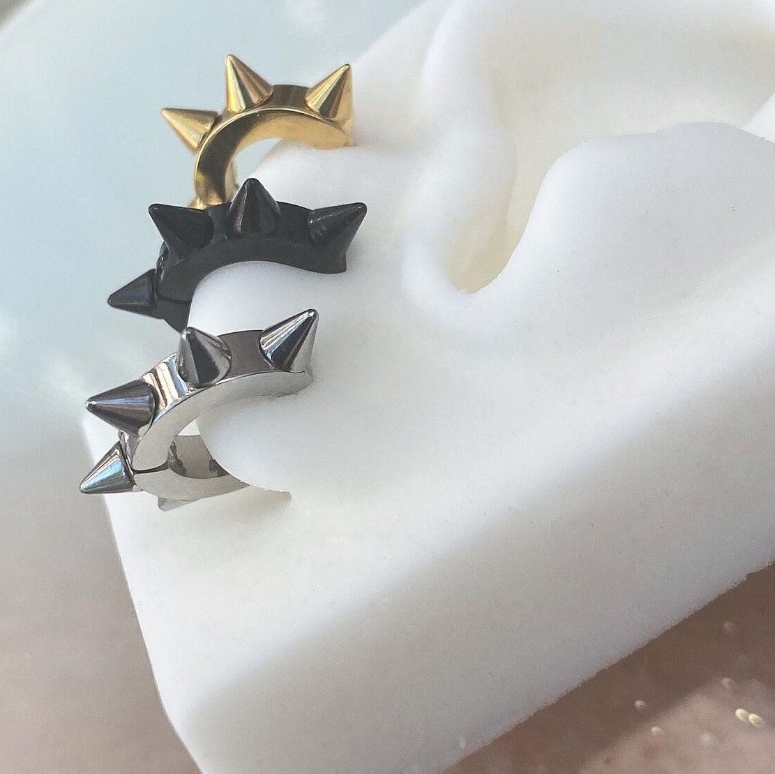 Spike Huggie Hoops in Black, Silver, or Gold. Spike Earrings.