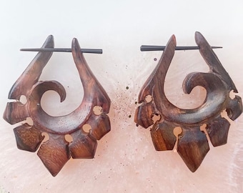 Hand carved earthy wood ethereal earrings.