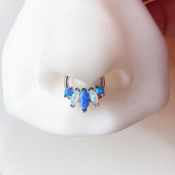 Marquise Opal blue and white clicker for septum, daith, cartilage, and conch piercing jewelry. 16 Gauge. 5/16”.