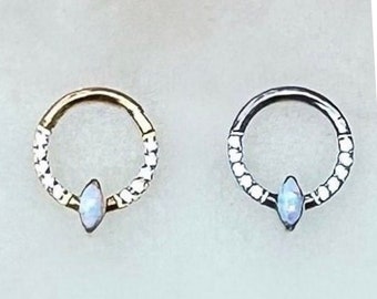 Implant Grade Titanium Marquise White Opal Clicker in Gold or Silver. For Septum, Daith, and Cartilage. 16G. 8mm/10mm.