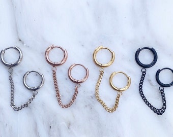 Créoles à maillons de chaîne. Double chaîne à anneaux en noir, or, argent ou or rose.