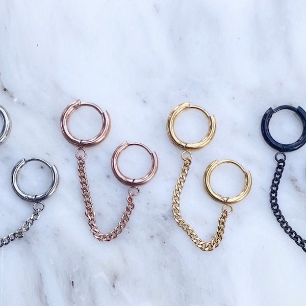 Chain Linked Hoop Earrings. double Hoop Chain in Black, Gold, Silver, or Rosegold.