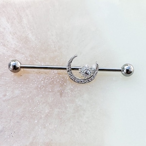 Moon and Star Crystal Titanium Industry Barbell. 14G. 1.5”.