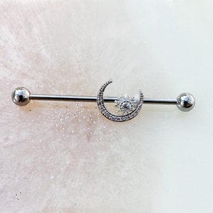 Moon and Star Silver Crystal Titanium Industry Barbell. 14G. 1.5”.