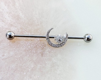 Moon and Star Silver Crystal Titanium Industry Barbell. 14G. 1.5”.