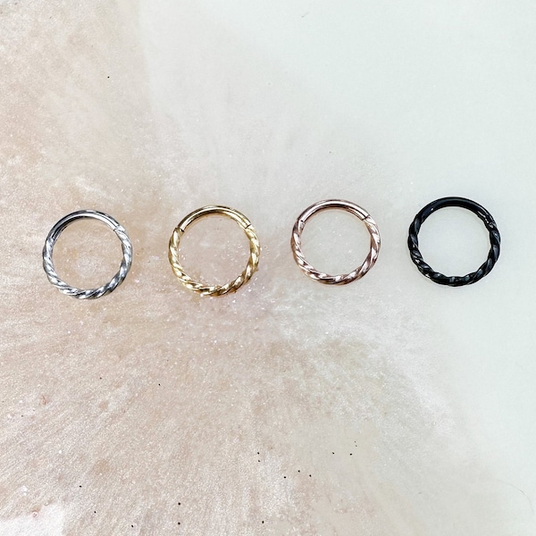 Implant Grade Titanium Braided Twisted Textured Clicker for Septum, Daith, and Cartilage Clicker. Black, Silver, Gold, and Rosegold. 16G.