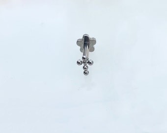 Implant Grade Titanium Threadless Silver Beaded Dainty Cross Labret for Flat, Cartilage, Medusa, Conch, and Lobe piercings. 16G, 18G, 20G.