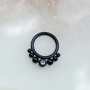 Black Beaded Crystal Clicker for Septum, Daith, and Cartilage. 16G. 8mm.