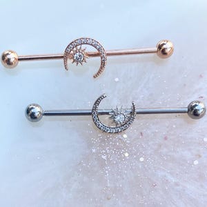 Moon And Star Industrial ear barbell (silver or rose gold) 14 Gauge & 1.5 in length